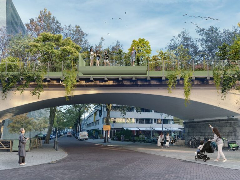 Impressie van het toekomstige Hofbogenpark op het voormalige spoorviaduct in Rotterdam
